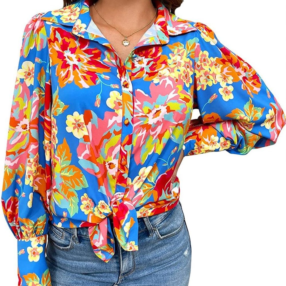 Women Summer Vacation Shirts Puff Long Sleeve Button Floral Loose Chiffon Tops
